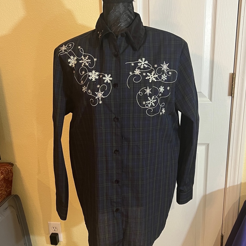 Karen Scott Navy Plaid Shirt with White Embroidery